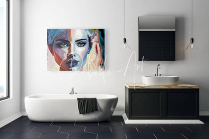 Vibrant abstract faces viii canvas portrait featuring bold blue pink and gold hues with a striking green eye