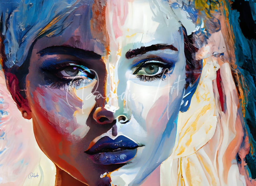 A vibrant abstract portrait painting titled abstract faces viii featuring a woman with bold blue green eyes and glossy dark lips