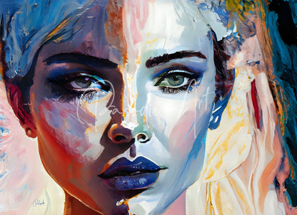 A vibrant abstract portrait painting titled abstract faces viii featuring a woman with bold blue green eyes and glossy dark lips