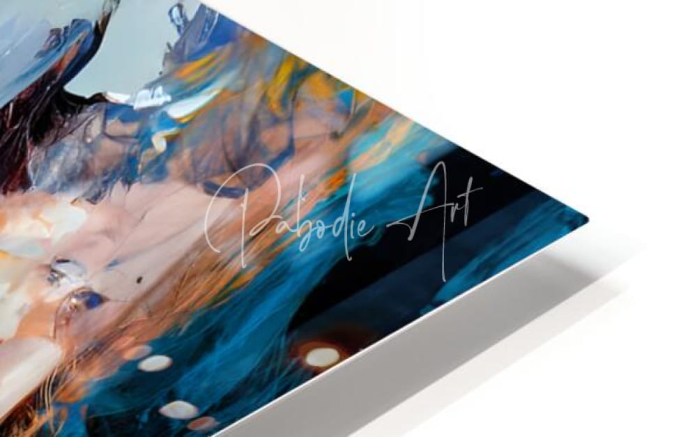 Abstract faces VIII abstract canvas print with swirling blues teals and warm earth tones in a modern white frame