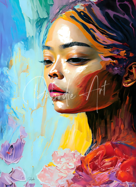 Vibrant abstract portrait painting of a woman with bold brushstrokes in orange purple blue and yellow titled abstract faces i