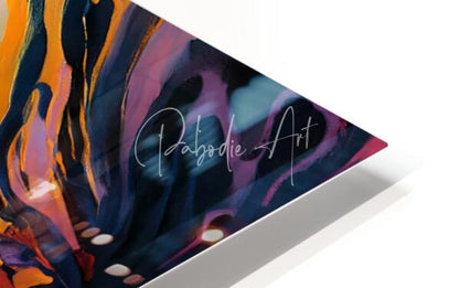 Abstract Faces I vibrant abstract art print with swirling orange purple and deep blue on glossy surface with pabodie art text