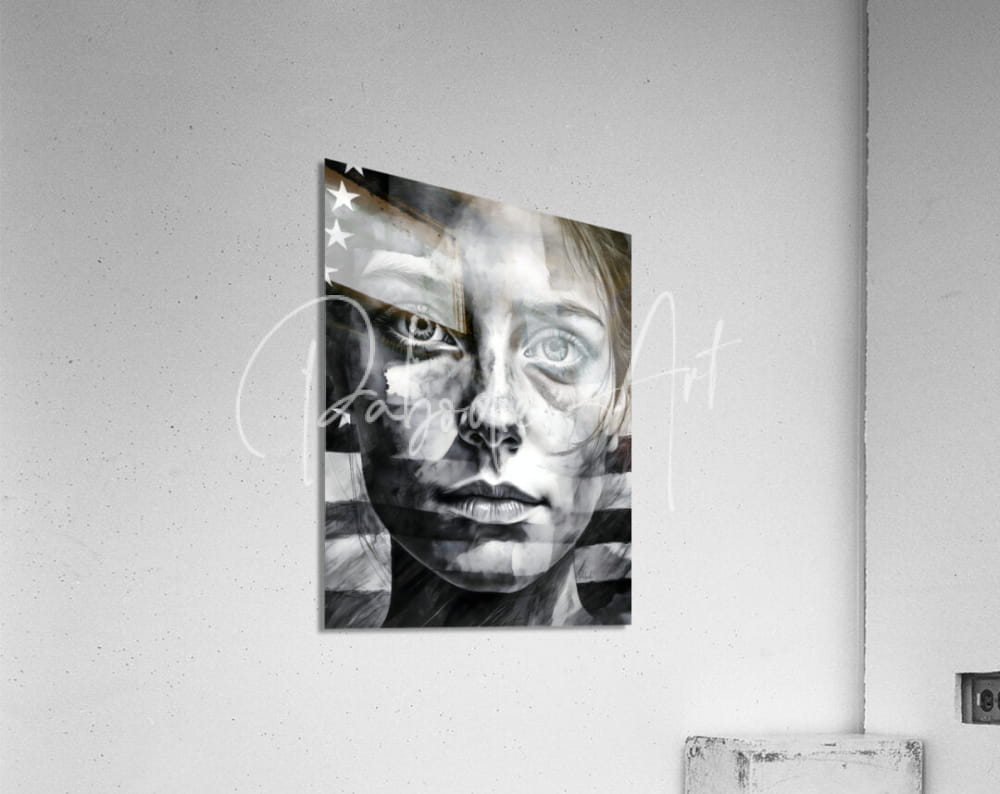 Black and white portrait art of a woman with American flag stars and stripes on acrylic titled American Allegiance