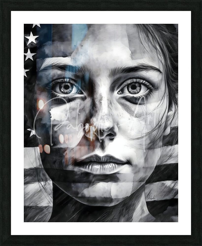 Black and white portrait art of woman with american flag pattern framed in black titled american allegiance