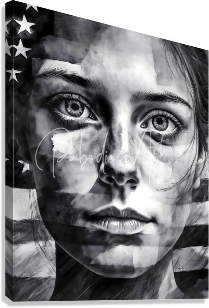 Black-and-white canvas print featuring a woman’s face with an american flag design titled american allegiance