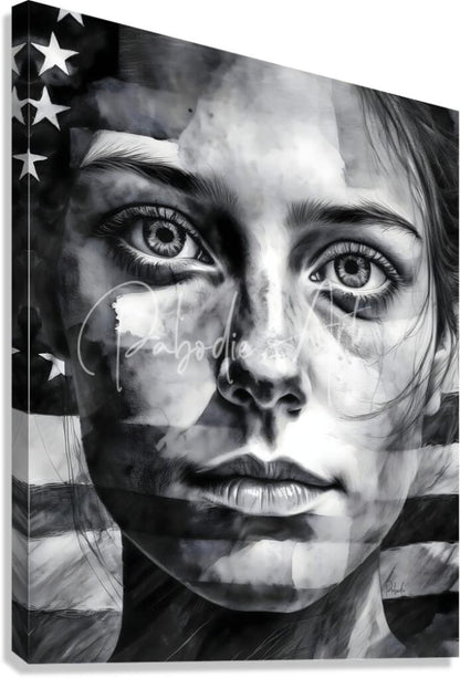 Black-and-white canvas print featuring a woman’s face with an american flag design titled american allegiance