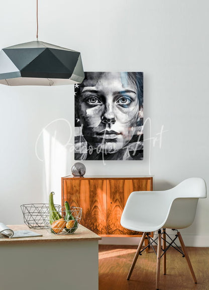 Black-and-white portrait painting of a woman with starry eyes and american flag motif titled american allegiance displayed on wall