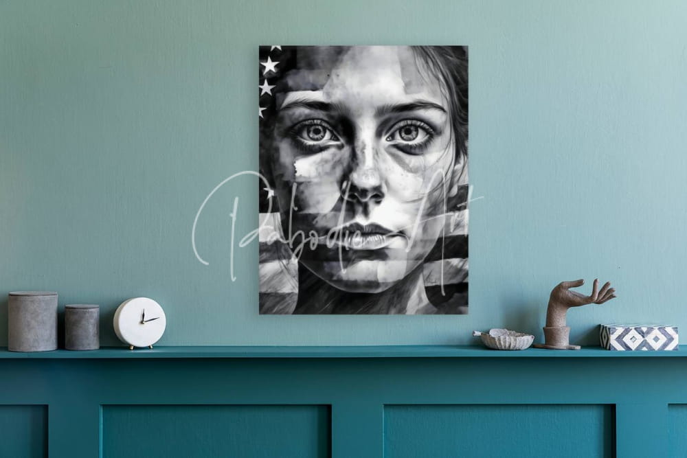 Black-and-white portrait canvas featuring a woman’s face with american flag elements mounted on a teal wall titled american allegiance