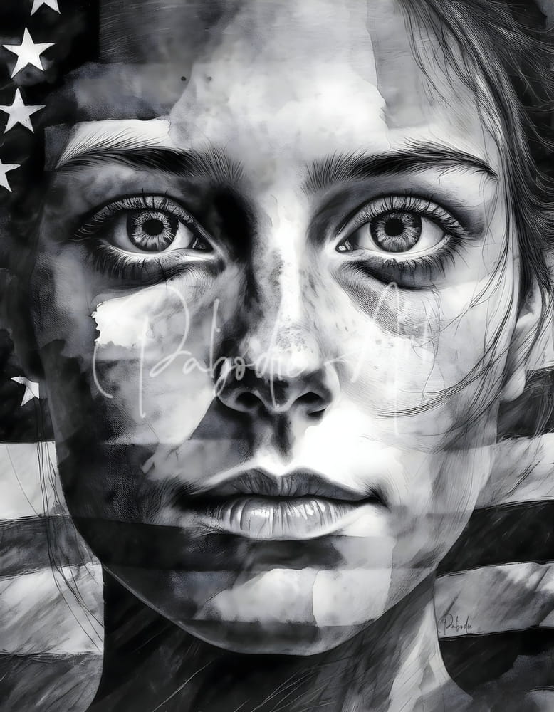 A black-and-white artistic portrait of a woman with the american flag stars and stripes pattern titled american allegiance