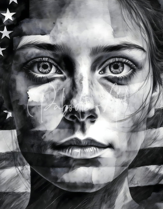 A black and white artistic portrait print of a woman with american flag stars and stripes titled american allegiance
