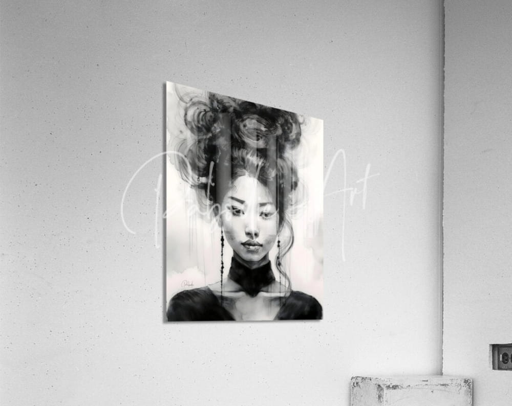 Black-and-white acrylic print titled Asian Beauty featuring a woman with intricate hair and dangling earrings