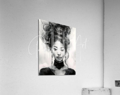 Black-and-white acrylic print titled Asian Beauty featuring a woman with intricate hair and dangling earrings