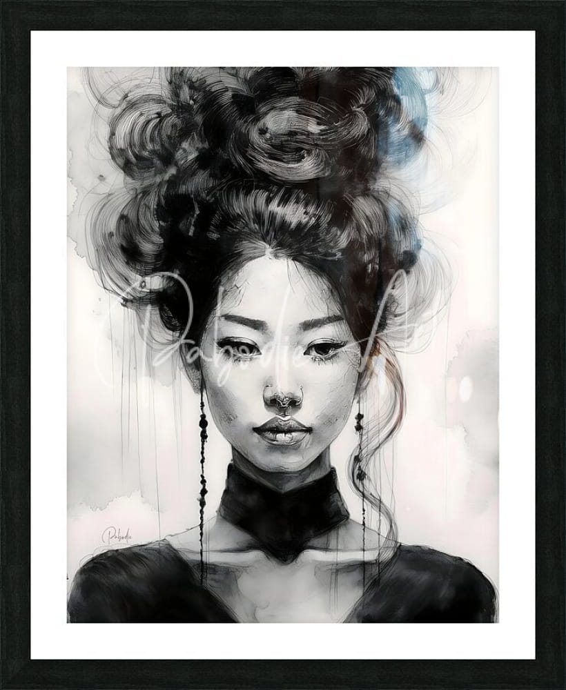 Black-framed artwork featuring a monochrome illustration of an asian woman with voluminous hair and beaded earrings