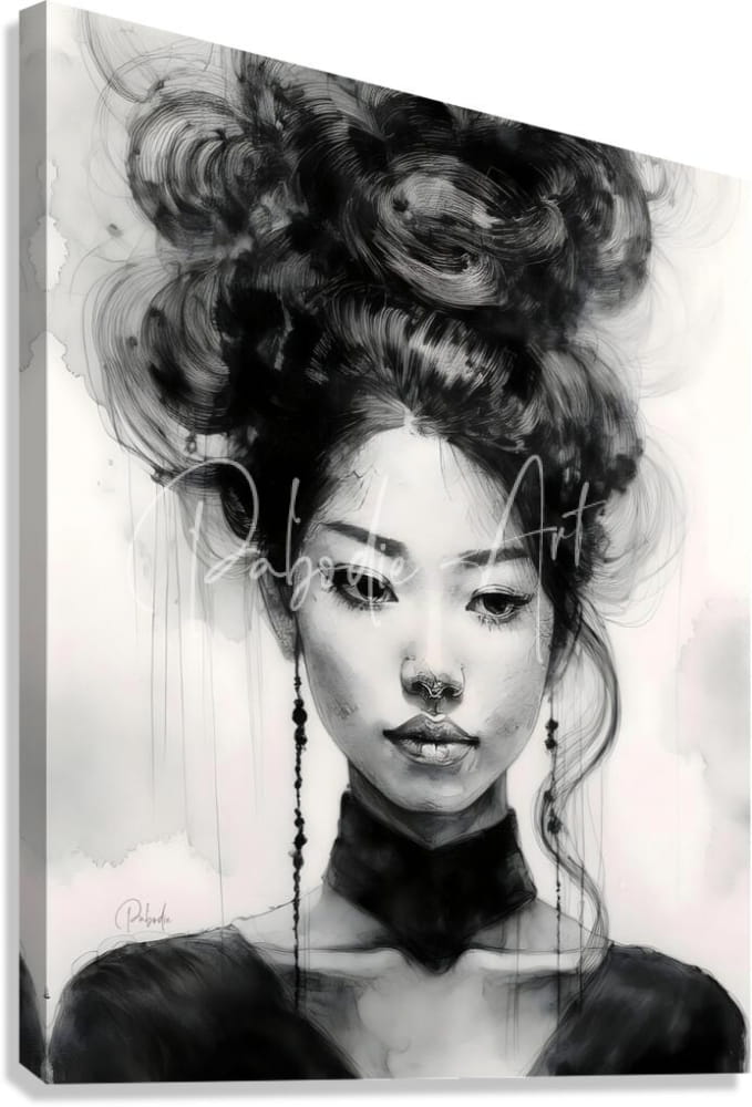 Black-and-white ink-wash portrait of a woman with elaborate updo and earrings printed on stretched canvas titled Asian Beauty