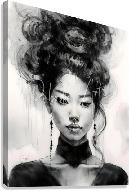 Black-and-white ink-wash portrait of a woman with elaborate updo and earrings printed on stretched canvas titled Asian Beauty