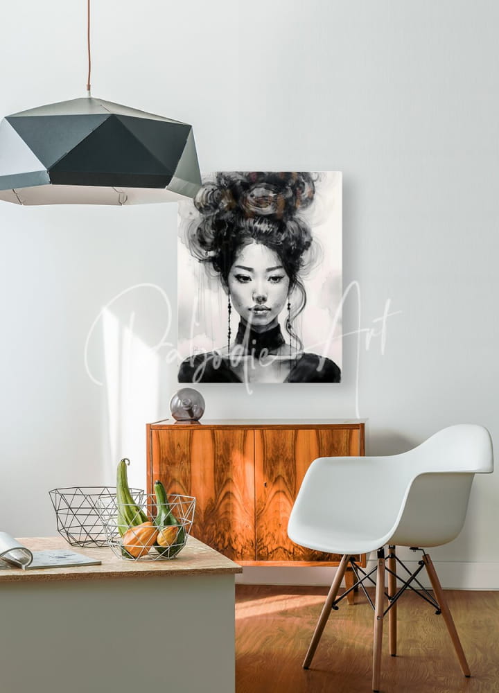 Black and white portrait painting of a woman with intricate updo displayed above wooden cabinet in asian beauty style