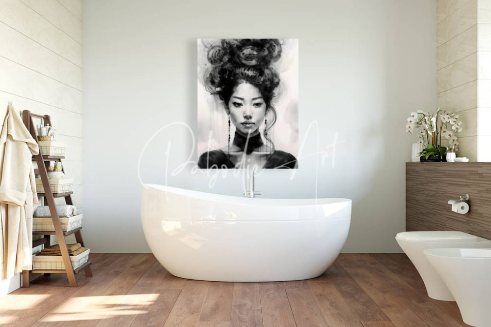 Black-and-white portrait canvas of a woman with elaborate updo hairstyle hanging above a freestanding bathtub titled Asian Beauty