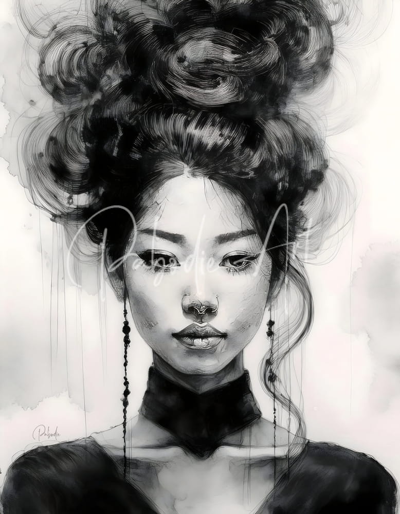 A monochromatic ink drawing of an asian beauty woman with an elaborate updo hairstyle and long dangling earrings