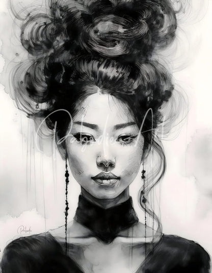 A monochromatic ink drawing of an asian beauty woman with an elaborate updo hairstyle and long dangling earrings