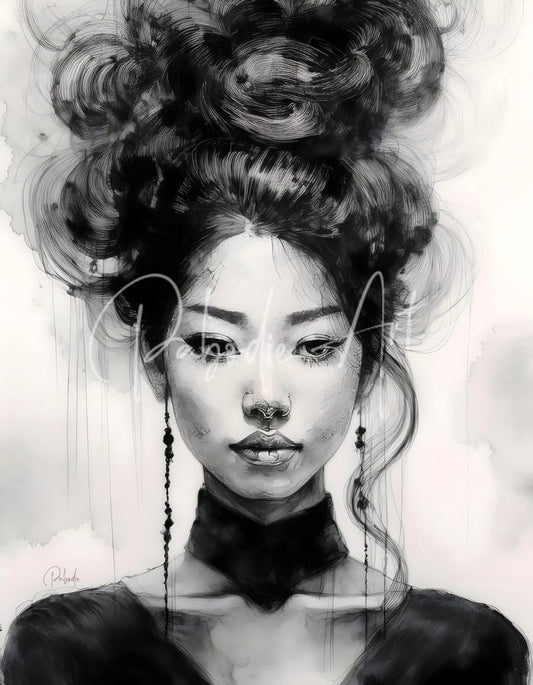 A monochromatic ink drawing of an asian beauty woman with an elaborate updo hairstyle and long dangling earrings
