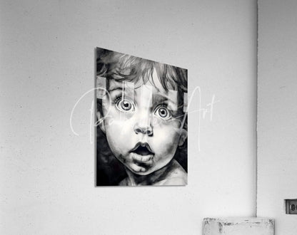 Black-and-white portrait print of a child with wide eyes and curly hair mounted on acrylic titled baby bright eyes