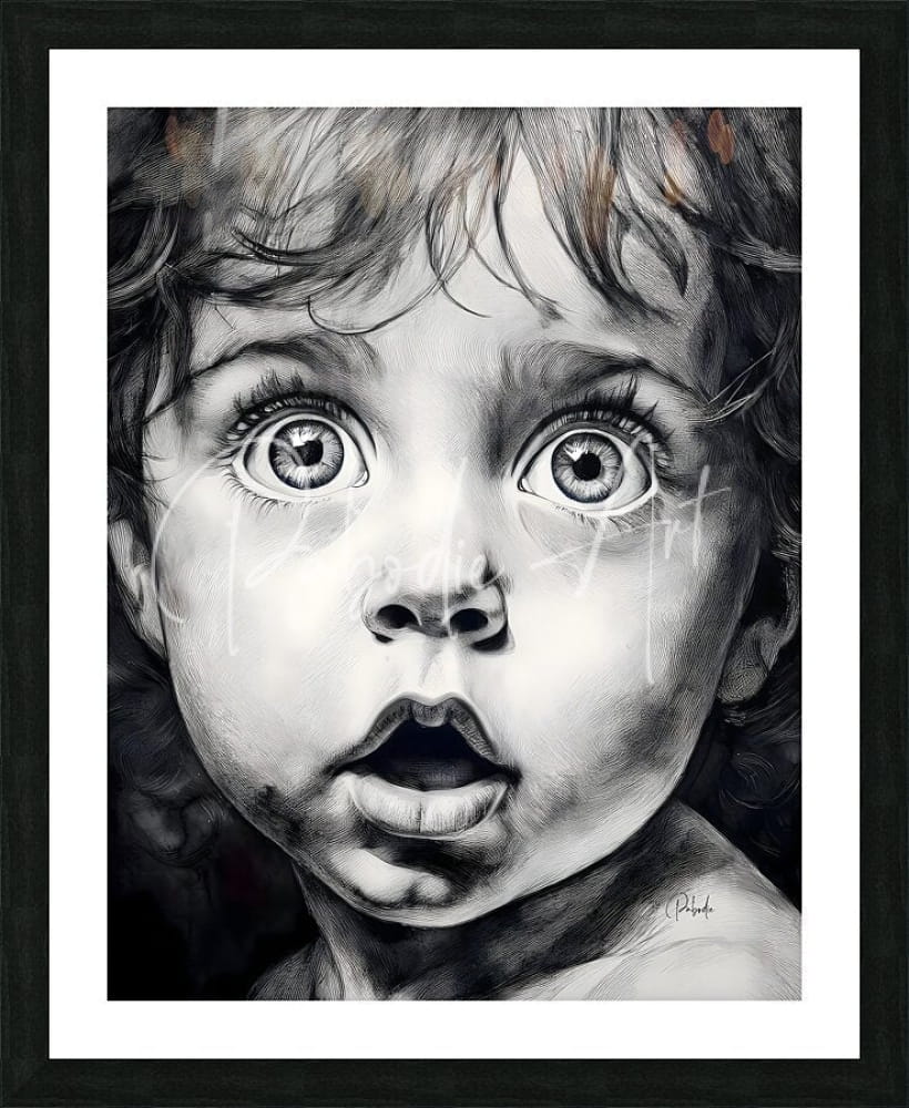 A black and white pencil drawing of a child’s face with wide eyes in a sleek black frame titled baby bright eyes