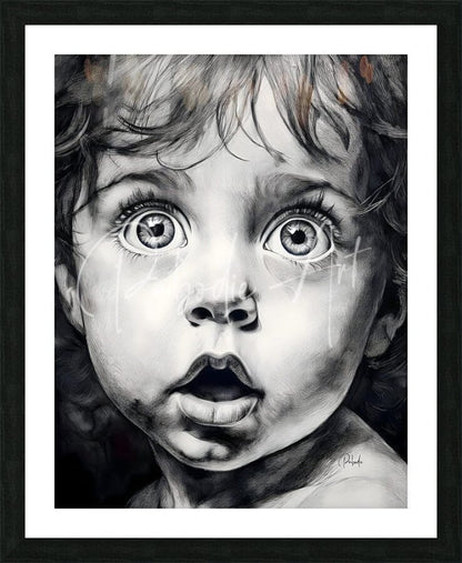 A black and white pencil drawing of a child’s face with wide eyes in a sleek black frame titled baby bright eyes