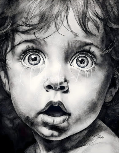 A detailed black and white pencil drawing of a child’s face with wide tear filled eyes for baby bright eyes product