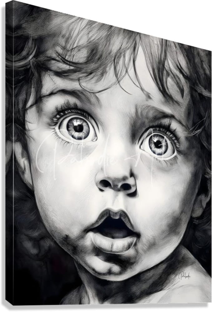 Black-and-white charcoal portrait of child with wide eyes and curly hair on stretched canvas titled Baby Bright Eyes