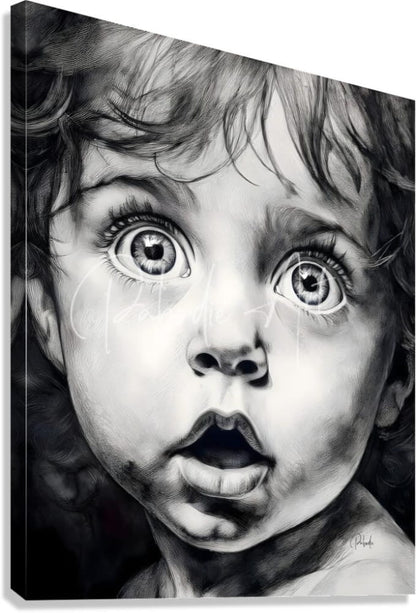 Black-and-white charcoal portrait of child with wide eyes and curly hair on stretched canvas titled Baby Bright Eyes