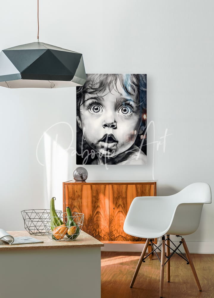 Black and white portrait painting of a child with wide eyes hanging on the wall titled baby bright eyes