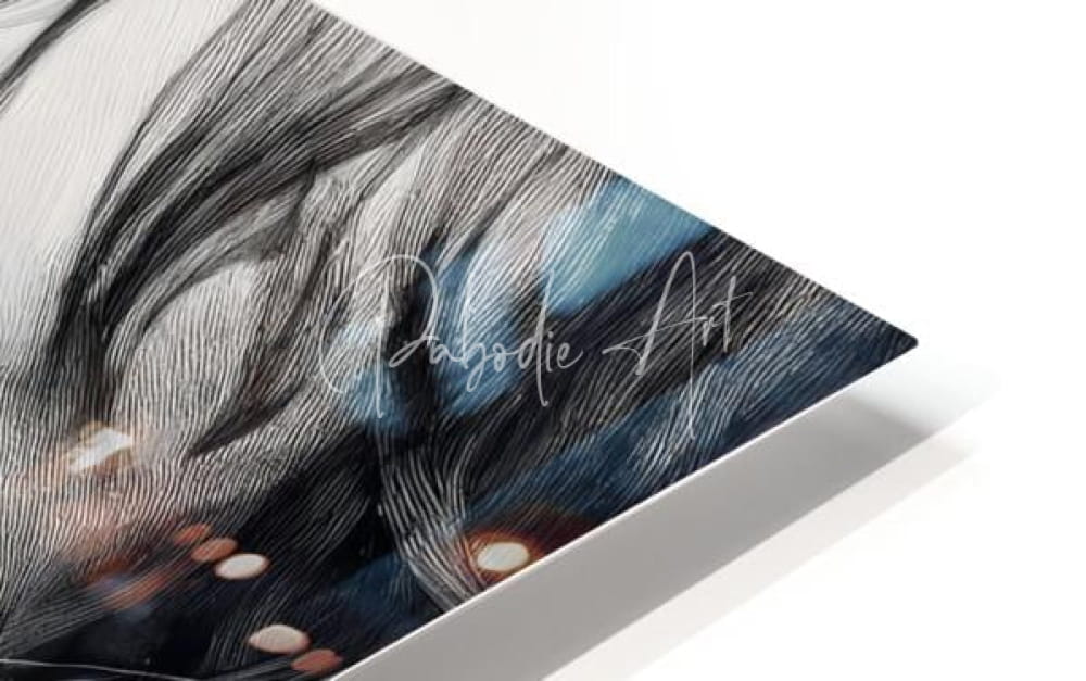 Baby bright eyes sleek black and white abstract art print with subtle blue accents in a white frame