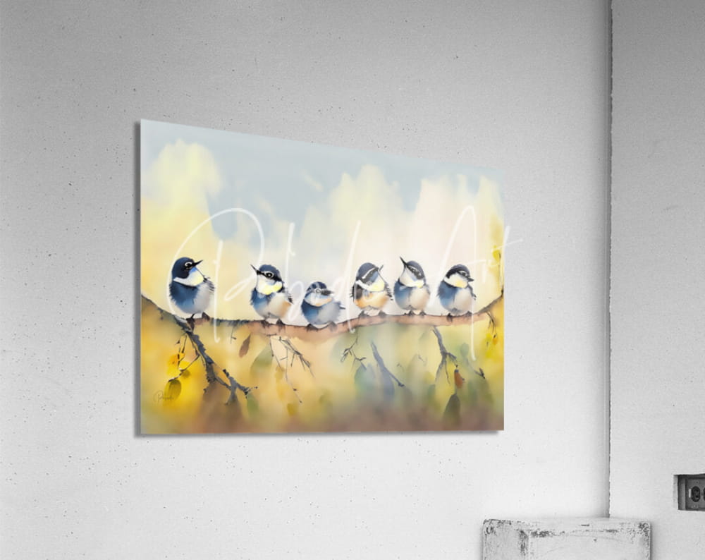Watercolor painting of six small baby chickadees perched on a branch in soft blues and yellows with delicate brushstrokes