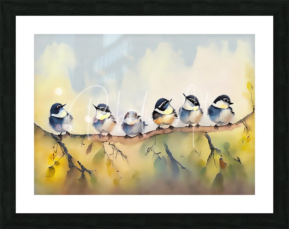 Watercolor painting of six baby chickadees perched on a branch framed in black with white matting for wall decor