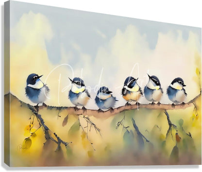 Watercolor canvas print featuring six baby chickadees with blue gray backs perched on a branch against a soft sky