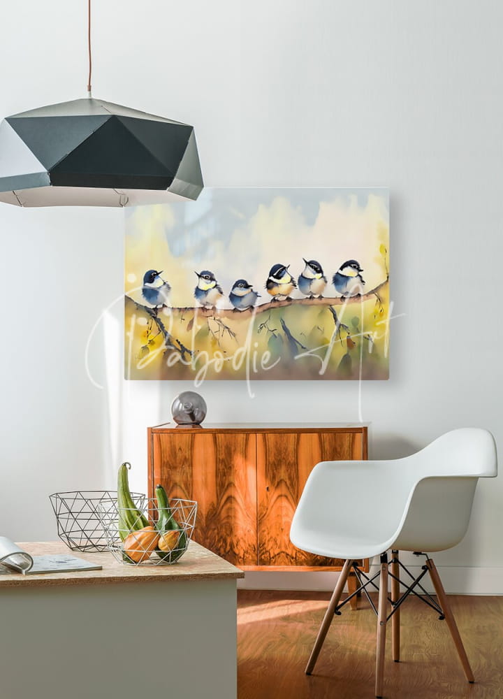 Watercolor painting of baby chickadees blue and white birds perched on a branch in a rectangular frame