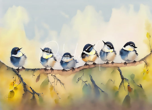 A watercolor painting of six small baby chickadees with blue black and yellow plumage perched on a branch