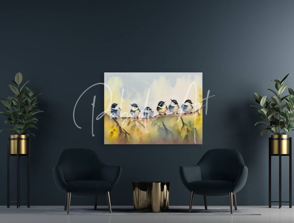 A rectangular canvas painting of five baby chickadees on a branch in soft yellow and gray watercolor tones