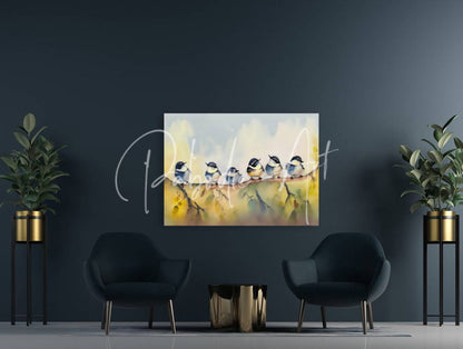 A rectangular canvas painting of five baby chickadees on a branch in soft yellow and gray watercolor tones