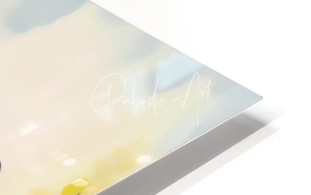 A sleek glossy metal print titled baby chickadees on a branch with a soft pale yellow and light blue abstract design