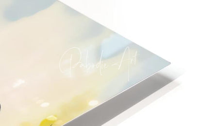 A sleek glossy metal print titled baby chickadees on a branch with a soft pale yellow and light blue abstract design