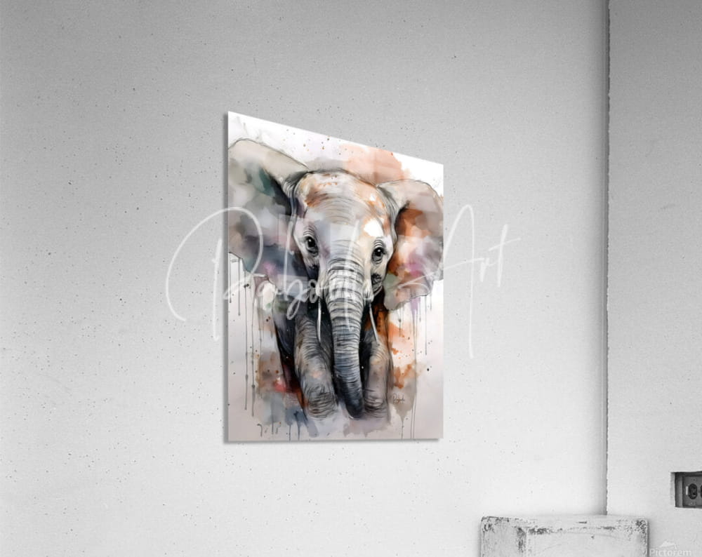 Watercolor-style canvas print of a baby elephant with soft gray brown and orange hues titled baby elephant inkwash