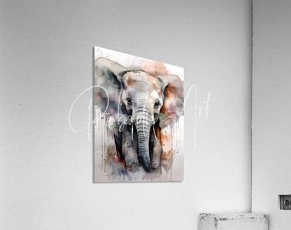 Watercolor-style canvas print of a baby elephant with soft gray brown and orange hues titled baby elephant inkwash