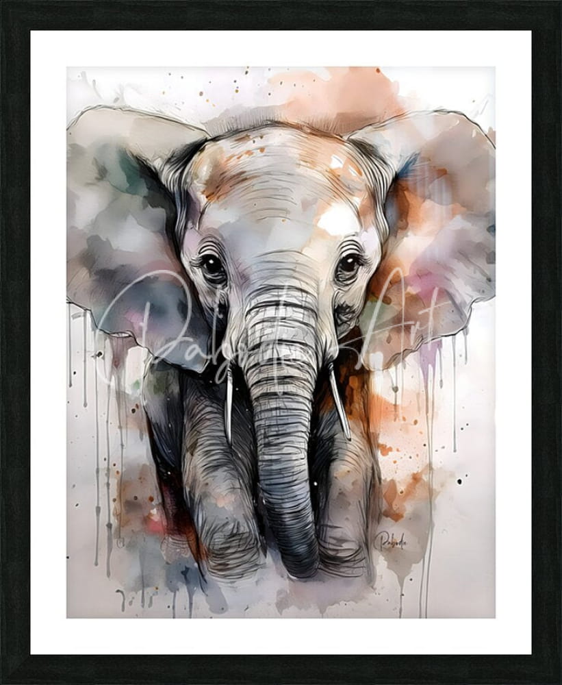 Baby elephant inkwash watercolor painting in soft gray white and warm orange hues with abstract style details