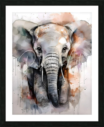 Baby elephant inkwash watercolor painting in soft gray white and warm orange hues with abstract style details