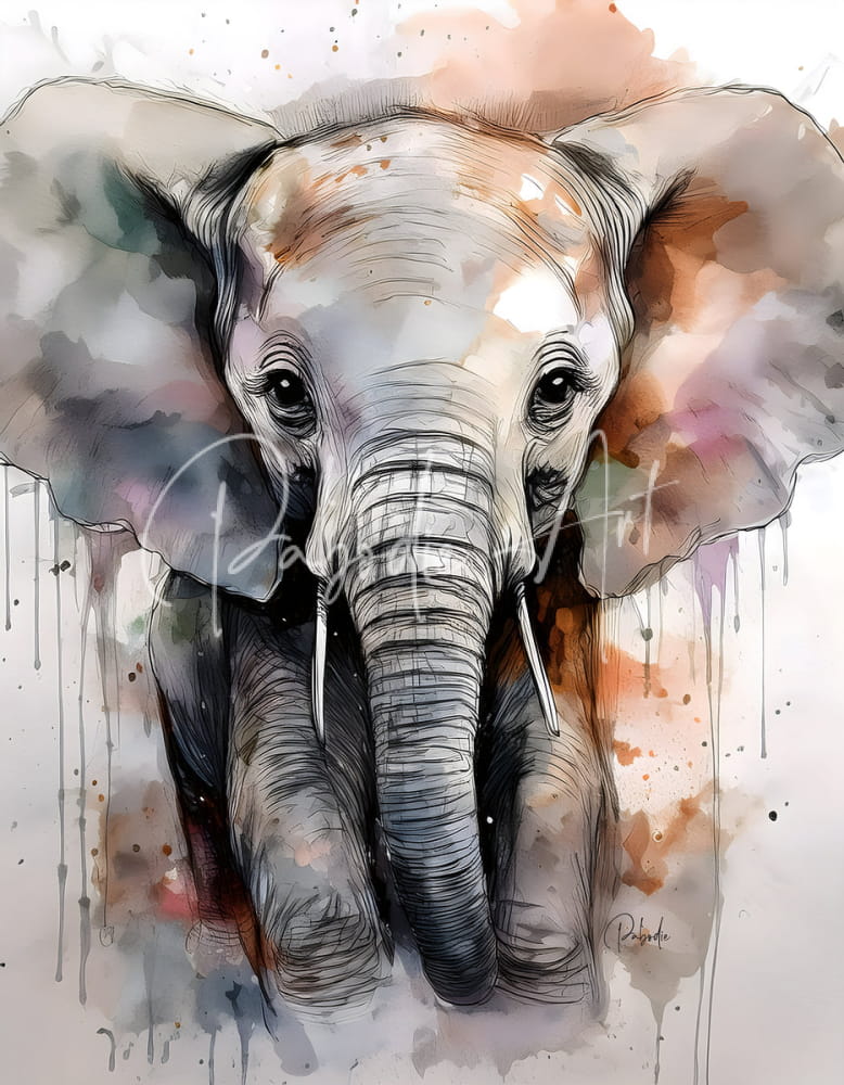 A watercolor painting of a baby elephant with soft gray and brown tones and detailed expressive linework