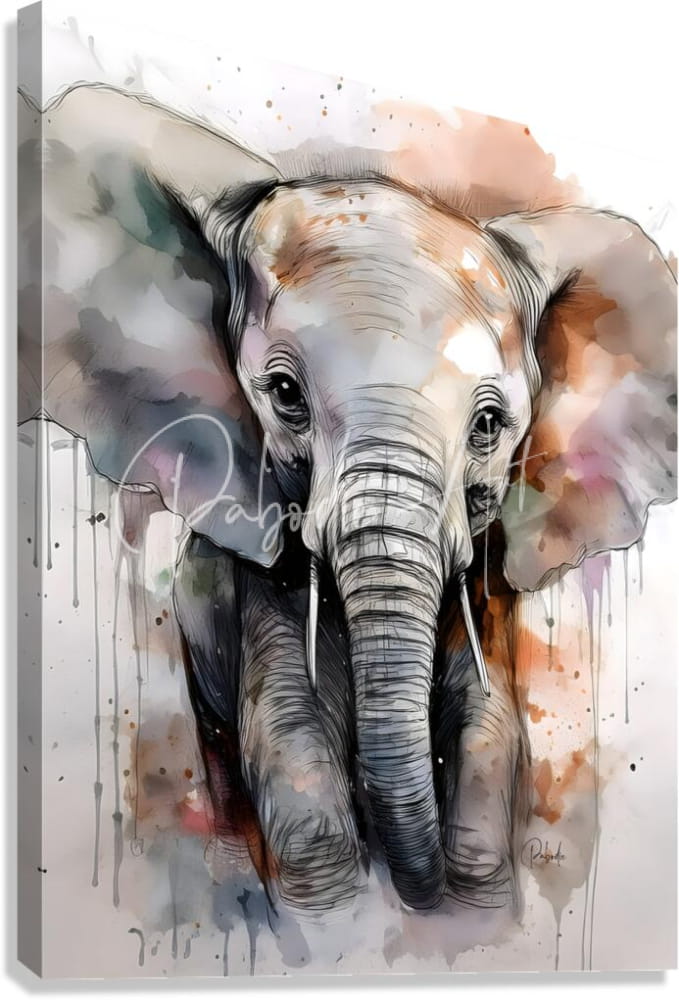 Watercolor painting of a baby elephant in inkwash style on canvas with soft gray and blue tones
