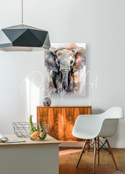 Baby elephant inkwash watercolor painting featuring soft gray brown and beige tones on white canvas