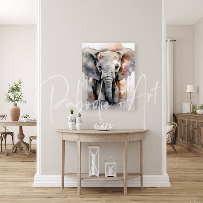 Watercolor canvas painting of a baby elephant in gray brown and soft pink hues titled baby elephant inkwash