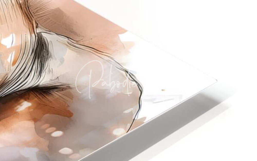 Watercolor illustration of a person’s shoulder and hair on a transparent acrylic panel with pabodie signature in baby elephant inkwash